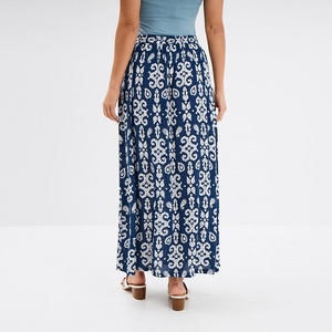 Trendy Women's High-waisted Long Flowing Crepe Navy Blue <b>Skirt</b> <b>Elastic</b> Waist Drawstring Front Viscose <b>Skirt</b> Casual Summer Style - Product Image 3