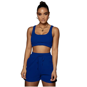 Orange Women Two Piece Shorts <b>Set</b> Sleeveless Crop Top Drawstring Above Knee Shorts Summer Casual Outfit 100% Cotton Anti-Wrinkle - Product Image 2