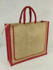 Natural Jute <b>Tote</b> Shopping <b>Bag</b> Red Fabric Trim Rope Handles <b>Zipper</b> Closure-Reusable Eco-Friendly Wedding Exhibition Grocery <b>Bag</b> - Product Image 2