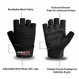 Gants de sport Rexfit à demi-doigts, noirs, en maille respirante, antidérapants, unisexes, pour l'entraînement physique, vêtements de sport, gants de fitness - Product Image 6