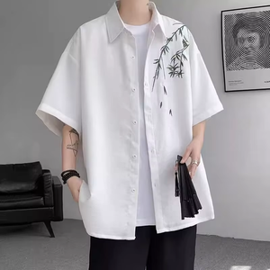Chemise à manches courtes noire surdimensionnée pour homme avec broderie à la main motif bambou, col rabattu, vêtements décontractés d'été - Product Image 2