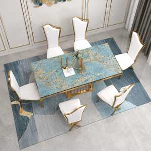 Blue <b>Marble</b> <b>Top</b> Stainless Steel Gold Dining Table Set 6 Seater Modern Designer Dining Table with Upholstered Chairs Luxury - Product Image 2