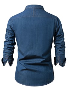 Chemise en jean slim fit pour homme, manches longues, couleur unie, col rabattu, style décontracté, coton respirant, manches longues, design avec poche - Product Image 2