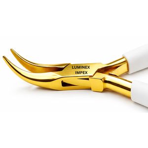 Pince à bec courbé or et blanc 5 pouces, pointe angulaire, pour la fabrication de bijoux, en acier inoxydable, certifiée CE ISO, LUMINEX IMPEX, pour saisir les petites pièces - Product Image 3