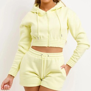 100% Cotton Fleece Fabric Made Crop Zipper Hoodie & Shorts <b>Sets</b> Casual Loungewear & Jogging Running Clothing Hooded <b>Twin</b> <b>Set</b> - Product Image 4