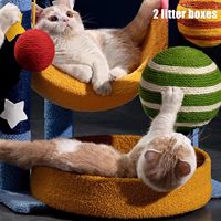 Arbre à chat moderne grand format sur le thème des planètes, avec niche en forme de capsule spatiale, plateforme multi-niveaux, poteau à gratter en corde de sisal, pour l'escalade et Noël