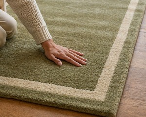 Tapis moderne en laine beige tufté à la main, antidérapant, résistant aux animaux domestiques, avec bordure verte unie, motif géométrique, doux et moelleux pour salon et chambre - Product Image 2