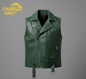 Gilet de motard en cuir vert pour homme Champ King, style moto, col rabattu, fermeture éclair, vêtement d'extérieur pour l'automne - Product Image 1