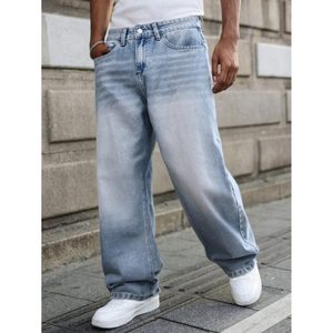 Jean en denim bleu glace vintage coupe droite pour homme, délavé effet whisker, écologique, respirant, taille haute, 100 % coton, tailles 28 à 42 - Product Image 4