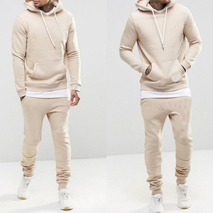 Survêtement à capuche beige pour homme, couleur unie, coupe décontractée, longueur intégrale, vêtement d'automne respirant, coupe régulière, poches latérales, 100% coton - Product Image 1