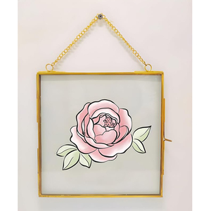Cadre photo carré en métal avec design de fleurs pressées, chaîne dorée pour accrocher, décoration murale, cadre photo à suspendre, verre transparent - Product Image 5