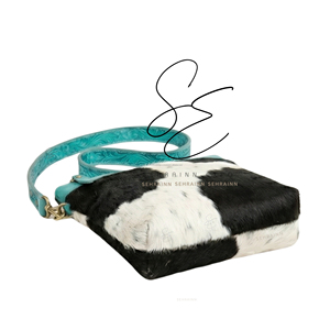 Sac bandoulière chic en cuir turquoise avec fermeture éclair en fourrure véritable, doublure en nylon tendance, sac à main quotidien, mini sac à main - Product Image 2