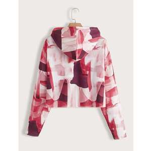 Custom Abstract Print Crop <b>Hoodie</b> Wholesale Fleece Pullover Sweatshirt with Pink Burgundy Pattern & <b>White</b> Drawstrings - Product Image 2