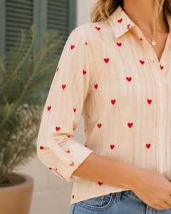 Women's 100% Cotton Woven ODM <b>Heart</b> Print Striped Button Down Long Sleeve Casual Office Shirt All Seasons - Product Image 4