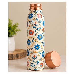 Botella de Agua Estética de Cobre Azul con Estampado Floral y Tapa de Cobre, Set de Bebidas Portátil para Viaje - Product Image 1