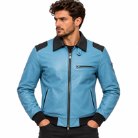 Blouson Bomber Moto en Cuir Bleu pour Homme, Coupe-Vent, Écologique, avec Logo Avant, Col Rabattable, Fermeture Éclair, Manteau Décontracté d'Hiver