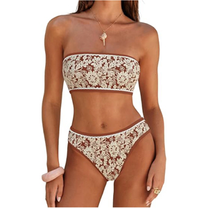 Wholesale Floral Lace Bandeau Bikini Set Two Piece Strapless Swimwear Women Summer Beachwear High Cut <b>Thong</b> <b>Swimsuit</b> OEM/ODM - Product Image 1