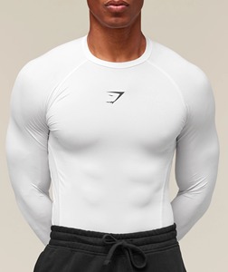 Men Long Sleeve <b>Compression</b> <b>Shirt</b> <b>White</b> Slim Fit Quick Dry Sporty O-Neck Knitted Performance Top - Product Image 4