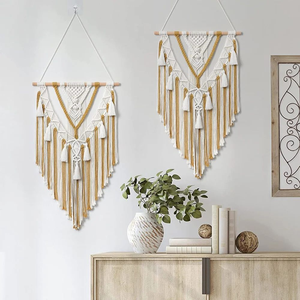 Yellow Boho Macrame <b>Wall</b> Hanging Tapestry Cotton Rope Geometric Tassel <b>Wall</b> <b>Decor</b> for Bedroom Living Room Nursery 12 x 30 inches - Product Image 1
