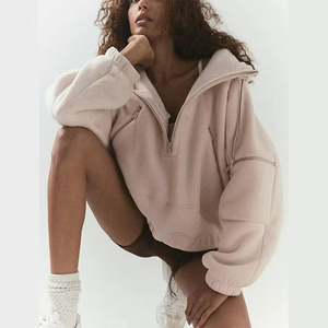 Sweat-shirt en polaire à capuche surdimensionné pour femme, fermeture éclair, rouge uni, coupe-vent, vêtements décontractés d'hiver, manches longues, longueur normale - Product Image 2