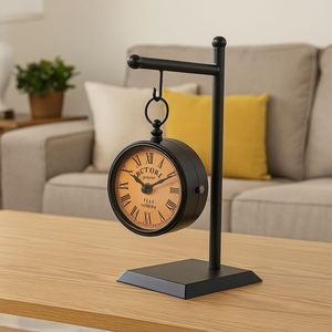 Horloge de bureau en métal noir, design moderne, mouvement à quartz électrique, forme circulaire, affichage tactile rétroéclairé avec aiguilles - Product Image 1