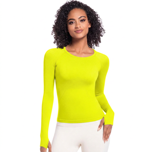 Camiseta de Yoga de Manga Larga para Mujer, Cuello Redondo, Color Sólido, Transpirable, Spandex, Poliéster, Corte Regular - Product Image 3