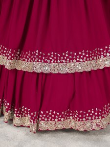 Ensemble Lehenga Choli en Georgette Bourgogne avec Jupe Évasée et Haut Court Brodés de Zari et de Paillettes pour Mariage et Fêtes - Product Image 6