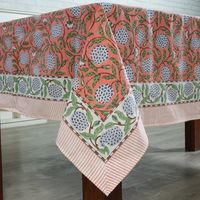 Nappe de mariage en coton imprimée à la main au motif floral simple, rose saumon, vert sauge, bleu Delft, style indien