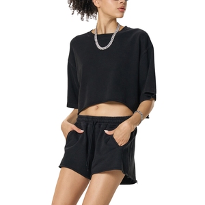 Custom <b>Black</b> <b>Crop</b> <b>Top</b> <b>Shorts</b> Set Heavyweight Cotton Oversized <b>Short</b> <b>Sleeve</b> Two Piece Lounge set - Product Image 2