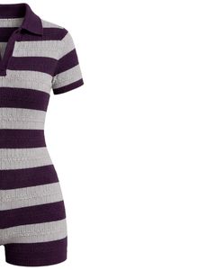 Combinaison en tricot rayée violet foncé et blanc pour femme, manches courtes, col polo, coton, été, décontractée, une pièce, coupe ajustée, personnalisable - Product Image 3