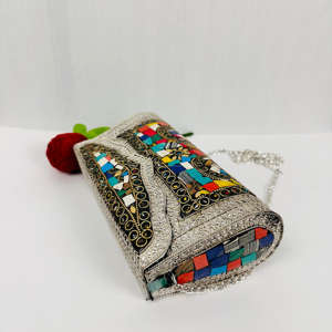 Modern Handmade Gold-Plated Aluminum <b>Silver</b> Mosaic Polished Antique Ethnic <b>Clutch</b> <b>Bag</b> Colorful Beaded Evening Purse Sculpture - Product Image 3