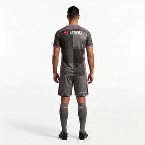 Custom Dark Gray Pink Trim Soccer Uniform Set <b>Short</b> Sleeve <b>Football</b> Jersey <b>Shorts</b> <b>Socks</b> - Product Image 2