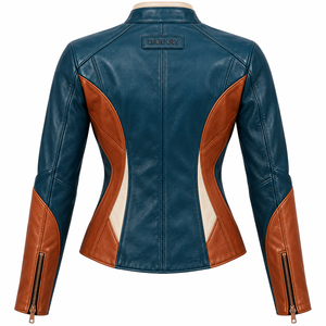 Darkry Custom <b>Womens</b> Teal Blue Cognac <b>Brown</b> Genuine <b>Leather</b> Racing <b>Jacket</b> Real Cowhide Motorcycle Biker Rider Sportswear Apparel - Product Image 2