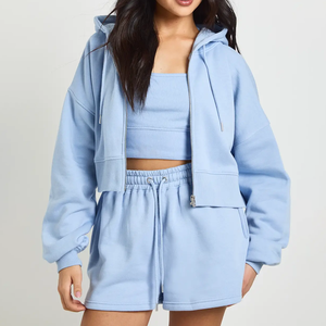 Ensemble décontracté 2 pièces tendance pour femme, coupe ample, à manches longues et à capuche, motif uni, nouvelle collection printemps, sweat à capuche zippé et short pour femme - Product Image 1