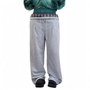 Pantalones de chándal anchos para hombre, 100% algodón de alto gramaje, con triple cintura, capa interior tipo bóxer con estampado a cuadros, con cordón y cintura plegable - Product Image 1