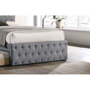 Cama individual contemporánea tapizada en tela de arpillera gris claro con somier de listones, cabecero y piecero capitoné, muebles para dormitorio juvenil - Product Image 5