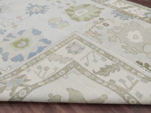 Compre una alfombra estilo Oushak floral vintage anudada a mano |   Alfombra Decorativa Hecha a Mano de Lana Verde Azul Pastel para Sala de Estar - Product Image 2