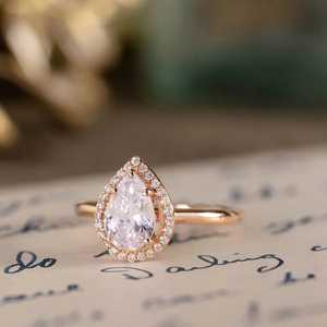 Anillo de compromiso con halo de diamantes en forma de pera – Anillo de boda nupcial en oro macizo de 14 quilates o plata - Product Image 3