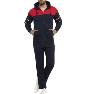 Men's Navy Red Color Block Hooded Tracksuit Full Zip Casual Sweatshirt <b>Pants</b> Set Breathable Polyester Autumn Wear - Product Image 1