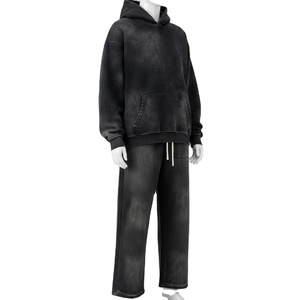 Ensemble de survêtement en molleton de coton délavé pour homme – Sweat à capuche et pantalon de couleur unie, respirant, pull chaud pour l'hiver - Product Image 5