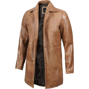 <b>Men's</b> Genuine Leather <b>Long</b> Trench <b>Coat</b> With Notched Lapel And Front Pockets Single Breasted Design <b>Men's</b> stand collar - Product Image 1