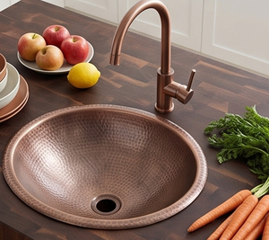 Évier de cuisine élégant en cuivre fait main, simple bac, rond, finition mate rustique, installation sous plan - Product Image 6