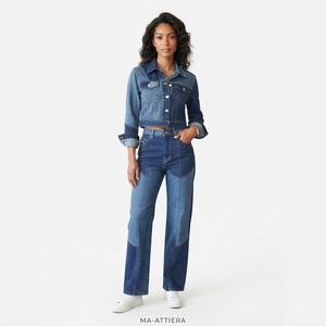 <b>Women</b> Blue Denim <b>Cropped</b> Jacket Patchwork <b>Jeans</b> Set High Waist Wide Leg Pants Two Piece Casual Denim Outfit Wholesale - Product Image 1