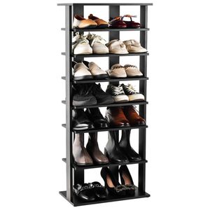 Scarpiera a 7 livelli a doppia fila salvaspazio in MDF, scaffale stretto con ripiani regolabili, anti-ribaltamento, per ingresso o armadio, nero - Product Image 1