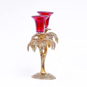 Porte-bougie en verre avec motif de palmier antique en métal plaqué or, artisanat - Product Image 2