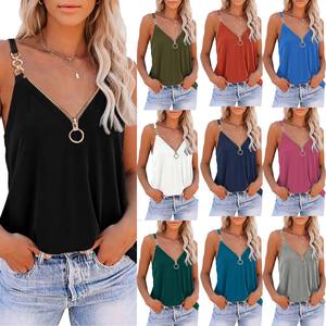 Women's Breathable Summer Knitted Tank <b>Top</b> V-Neck Spaghetti Strap Solid Color Polyester Casual Regular Length Custom Logo - Product Image 1
