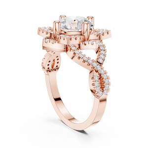 Anillo de Halo Geométrico con Moissanita de Corte Redondo para Mujer, Oro Rosa sobre Plata de Ley, con Acentos de Milgrain y Pavé, Joyería Nupcial - Product Image 3