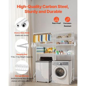 Scaffale portaoggetti regolabile a 6 livelli sopra lavatrice/asciugatrice, stendibiancheria a 2 file per lavanderia con asta appendiabiti e ganci, supporto a due file per lavatrice - Product Image 4