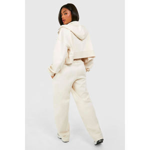 Conjunto de Top Corto con Capucha de Forro Polar Crema y Pantalones Anchos para Mujer, Estilo Casual, Holgado, de 2 Piezas, Color Sólido - Product Image 6