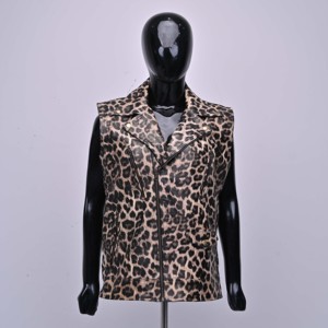 Chaleco de cuero genuino con estampado de leopardo para mujer, precio mayorista económico, con cierre de cremallera, cuello con muescas, ropa exterior con logotipo personalizado - Product Image 1